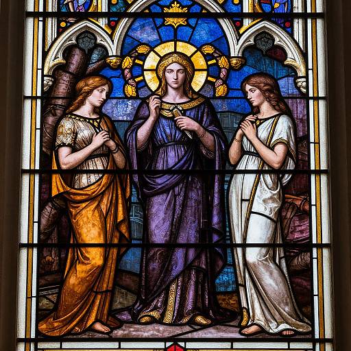 Photograph of a vibrant stained glass window depicting three holy figures: central woman with halo in blue robe, flanked by two women in orange and white