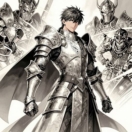 Anime-style digital drawing of a determined, black-haired man in full armored suit, standing amidst menacing, monochromatic, armored enemies.
