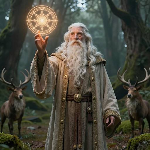 Photograph of a wizard with a long white beard, gold-trimmed robe, holding a glowing magical circle in a misty forest, flanked