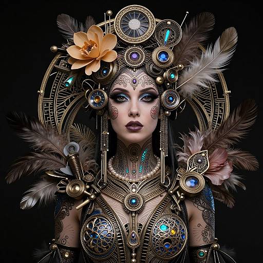 Digital art of a woman with intricate, steampunk-inspired golden jewelry, blue gemstones, and feathers, adorned with a large orange flower, against