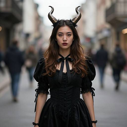 Photograph of a young Asian woman with long brown hair, black horns, and gothic dress, standing in a blurred urban street.