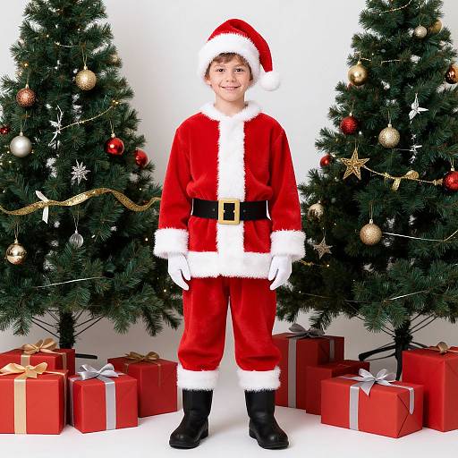 Photograph of a smiling young boy in a red Santa Claus outfit, standing between two decorated Christmas trees with red gifts.