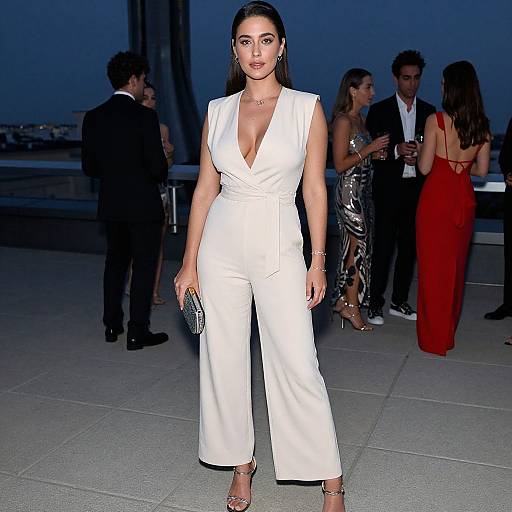 Photograph of a woman with long dark hair in a deep V-neck white jumpsuit, standing confidently outdoors at night, surrounded by people in formal attire