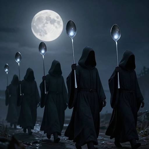 Photograph of six hooded figures in dark robes holding glowing spherical lanterns, walking away from a bright full moon in a nighttime, moonlit landscape