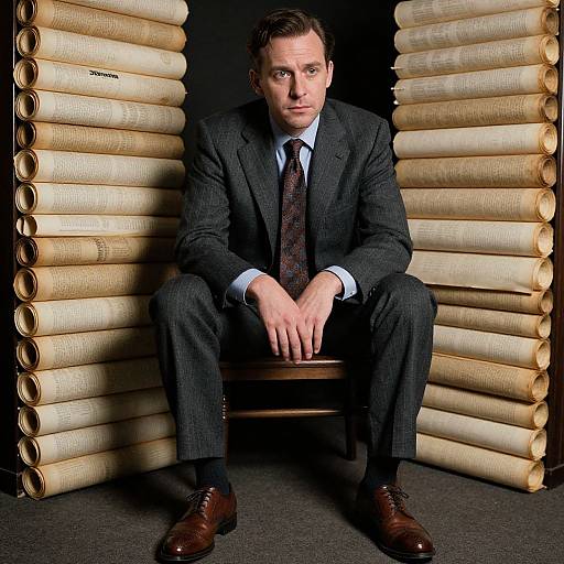 Photograph of a serious, white male in a dark pinstripe suit, sitting between two stacks of large, rolled-up documents.
