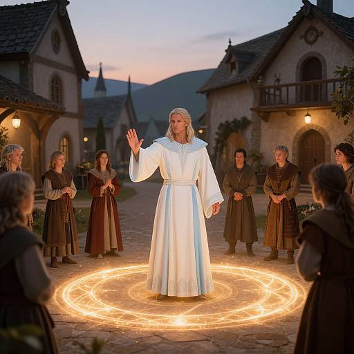 Photograph of a woman in a white robe casting a glowing magical circle in a medieval village at dusk, surrounded by villagers in dark clothing.
