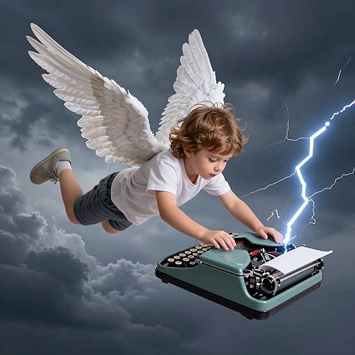 Digital artwork of a winged, brown-haired child in a white shirt and gray shorts, flying over stormy clouds, typing on a floating typewriter