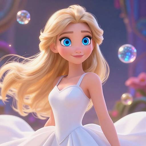 Digital CGI of a blonde, blue-eyed, Disney-style princess with large eyes, wearing a white dress, surrounded by floating bubbles, in a magical,