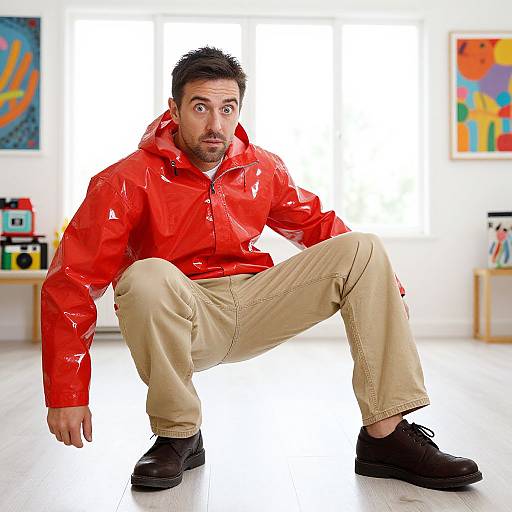 Man in Red PVC Rain Slicker