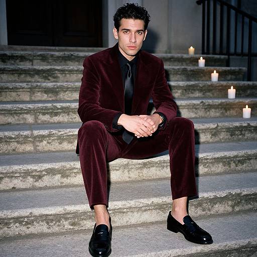 Photograph of a dark-haired man in a maroon velvet suit, black shirt, and loafers, sitting on stone steps with lit candles in the
