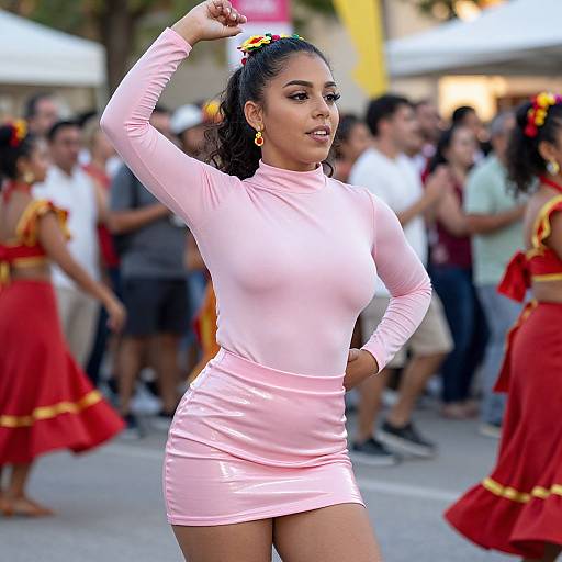 Photograph of a Latina woman with medium skin tone, black hair in a ponytail, wearing a pink, long-sleeve, form-fitting