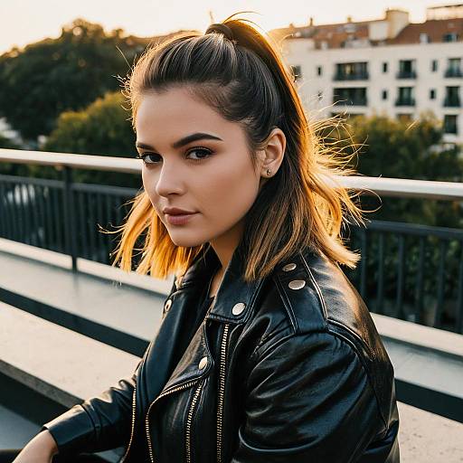 Young Woman in Leather Jacket with Half-Up Half-Down Hairstyle