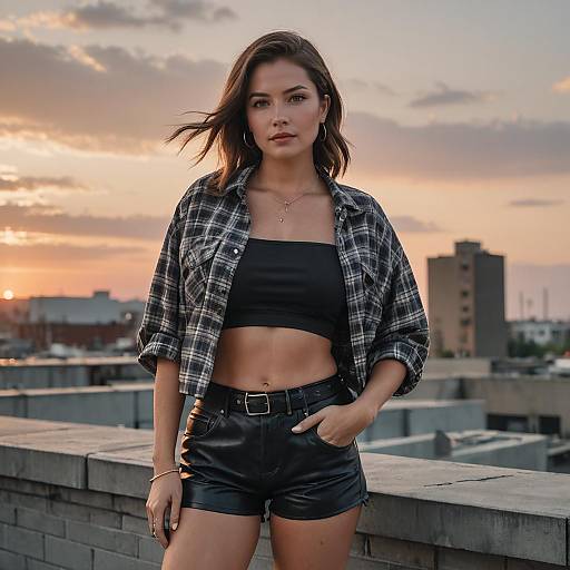 Woman in Casual Outfit on Rooftop at Sunset