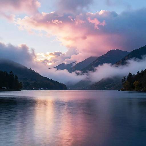 Pastel Twilight Over Serene Mountain Lake