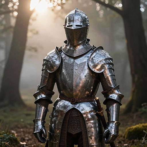 Gleaming Platemail Knight in Misty Forest