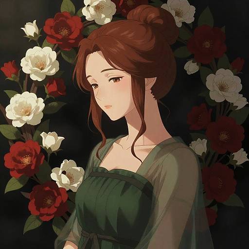 Serene Anime Woman in Floral Wreath