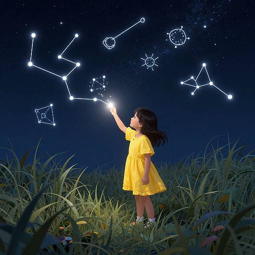 Photograph of a young girl in a yellow dress, pointing at a constellation in a starry night sky, standing in tall grass.