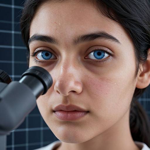 Close-up photograph of a young woman with blue eyes, dark hair, and fair skin, using a microscope, against a blue tiled background.