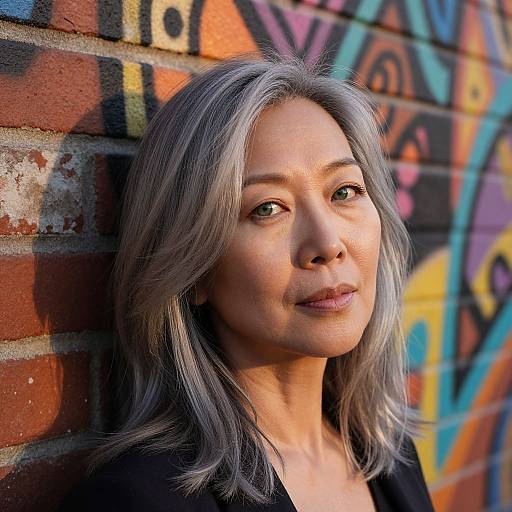 Photograph of a middle-aged woman with silver hair, light skin, and subtle makeup, standing against a colorful graffiti-covered brick wall.