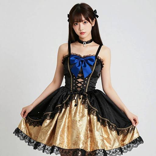 Woman in black and gold dress with blue bow