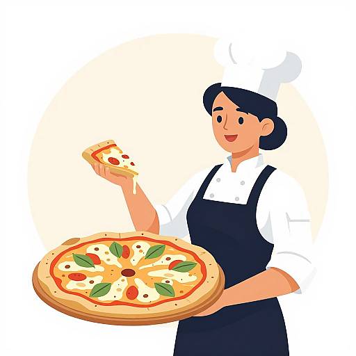 Cartoon-style illustration of a smiling female pizza chef with black hair, white shirt, black apron, and chef hat, holding a pizza and offering