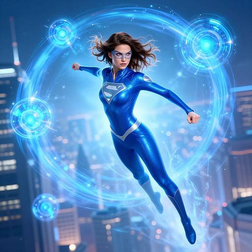 Photorealistic CGI of a brunette woman in a shiny blue superhero suit with a silver emblem, floating mid-air, surrounded by glowing blue energy circles,