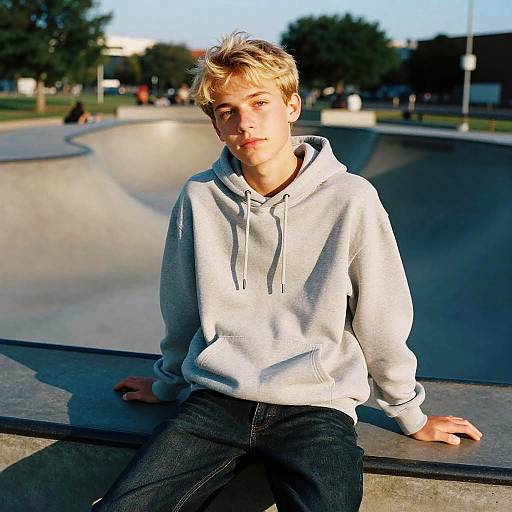 Photograph of a young blonde boy in a gray hoodie and dark jeans, sitting at a sunlit skate park with a curved concrete bowl in the background