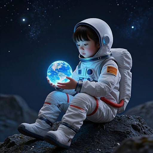 Photorealistic CGI of a young child in a white astronaut suit, holding a glowing blue Earth, seated on a rocky asteroid, under a starry