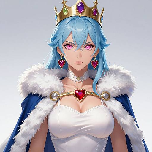 Digital anime artwork of a blue-haired queen with pink eyes, wearing a golden crown, heart-shaped earrings, and a white dress with a fur-trim