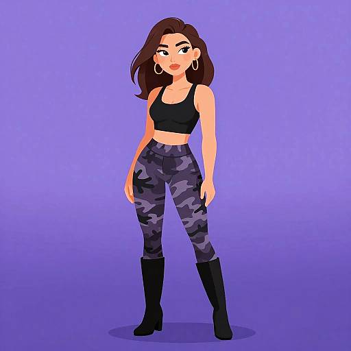 Digital illustration of a confident woman with brown hair, wearing a black crop top, camo leggings, black boots, and hoop earrings, standing against a