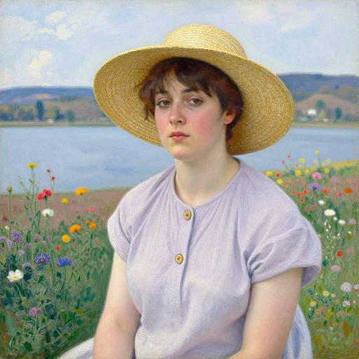 Photorealistic painting of a young woman with short brown hair, wearing a straw hat and white blouse, sitting in a colorful wildflower field by a