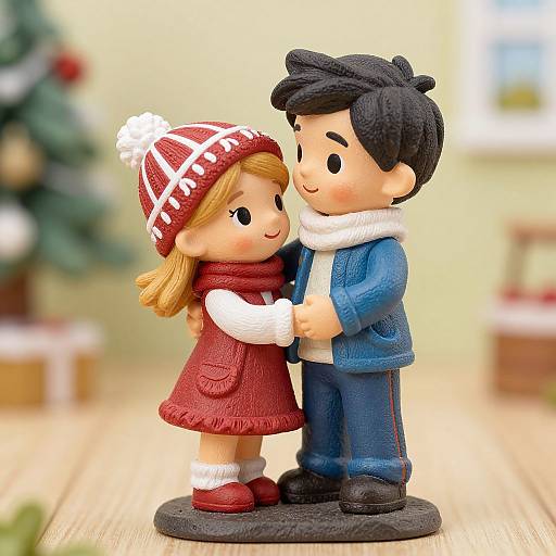 Photograph of a colorful, plastic figurine of a cute couple in winter clothes; girl in red dress and hat, boy in blue jacket, standing