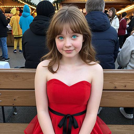 Photograph of a young girl with blue eyes and light brown hair, wearing a strapless red dress with black ribbon, sitting on a wooden bench at