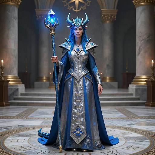 Digital fantasy art: Dark blue-haired woman with silver armor and horned helmet, holding glowing blue staff, stands in ornate, candlelit hall.