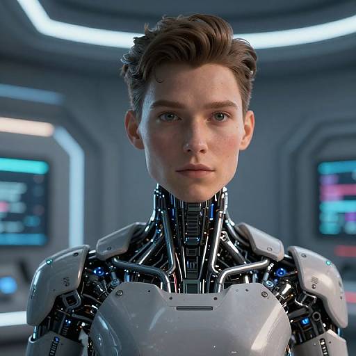 CGI image of a young, handsome, white male with short brown hair, wearing a futuristic, silver robotic exoskeleton, in a high-tech