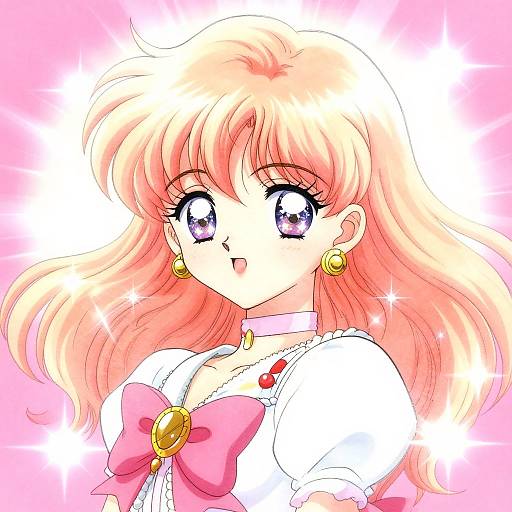 Anime-style digital drawing of a cute blonde girl with large purple eyes, wearing a white blouse with a pink bow, gold earrings, and necklace, against