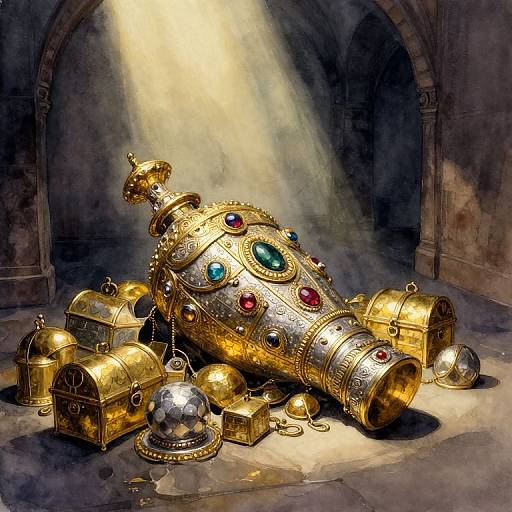Digital painting of a lavish, gold, gem-encrusted, spaceship-like treasure chest in a dimly lit, arched stone room, surrounded