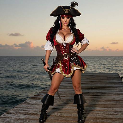 Photograph of a curvy woman with large breasts in a pirate outfit, featuring a red corset, white lace bustier, black hat, and