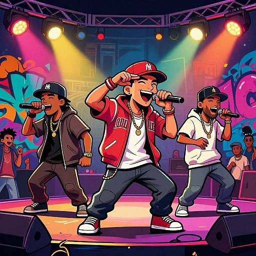 Vibrant digital illustration of three male rappers on stage, wearing caps and gold chains, passionately singing into microphones under colorful lights and graffiti backdrop