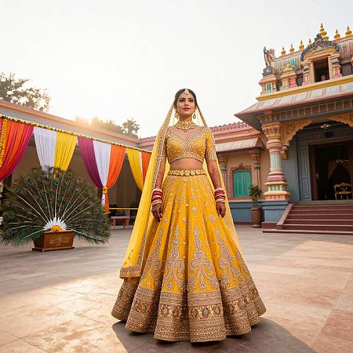 Photograph of a South Asian woman in a vibrant yellow traditional lehenga with gold embroidery, standing in front of a colorful temple with ornate architecture and
