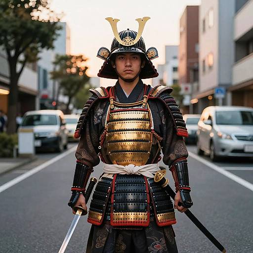 Photograph of a serious Japanese samurai standing on a city street in traditional armor with gold accents, holding a katana, during sunset.