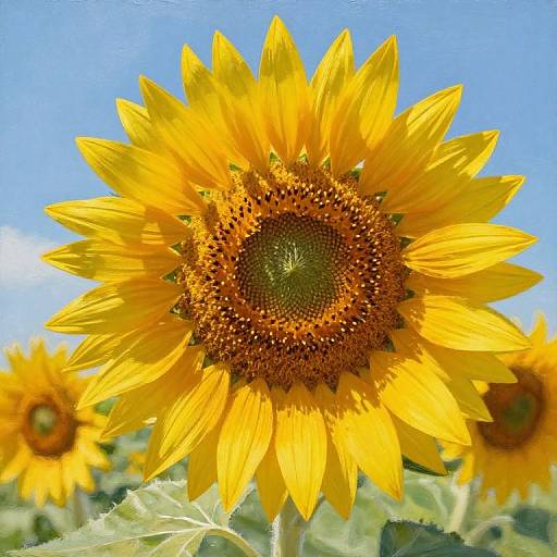 Close-up photograph of a vibrant yellow sunflower with a green, textured center, against a clear blue sky, with blurred sunflowers in the background.