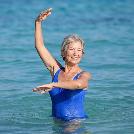 Photograph of smiling elderly woman with gray hair, wearing blue one-piece swimsuit, dancing in clear, blue ocean water.