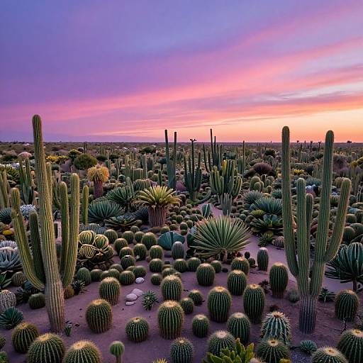 Photograph of a vibrant desert cactus garden at sunset, featuring tall and short cacti, colorful sky with pink, purple, and orange hues