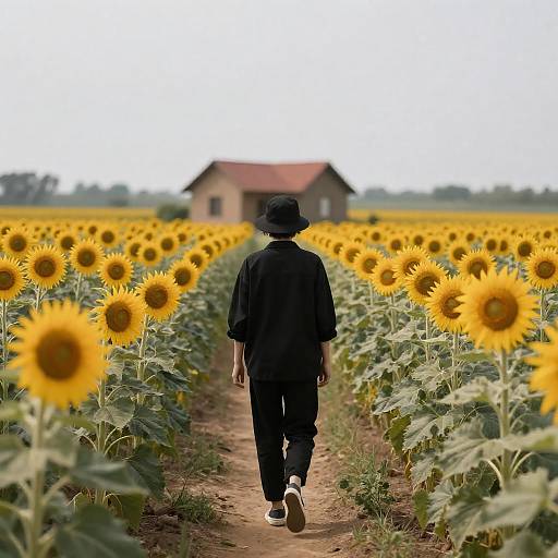 Black-clad Figure on Sunflower Path