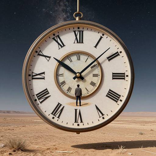 Photograph of a large, floating, Roman numeral clock with black hands, hanging in a desert night sky, showing 10:10; small figure