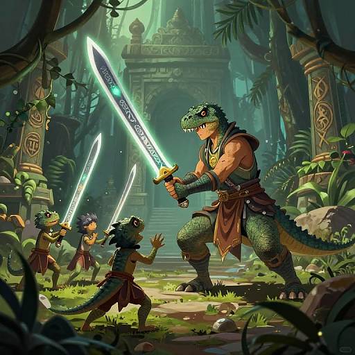Digital fantasy artwork of three anthropomorphic alligator warriors with glowing swords in a lush, ancient jungle temple. Foremost alligator leader wields sword,