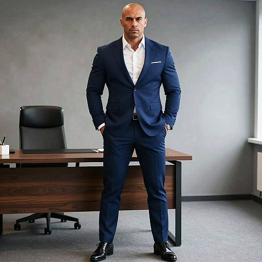Photograph of a bald, muscular man in a dark blue suit, white shirt, black shoes, standing in a modern office with a wooden desk and