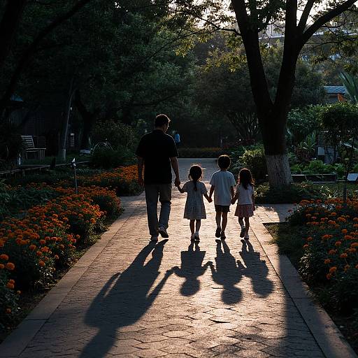 Photograph: Silhouetted man and two children holding hands, walking on sunlit path with orange flowers, tall trees, and long shadows in