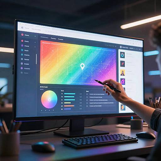 Photograph of a person's hand using a touchscreen monitor with a vibrant, colorful interface, in a modern, dimly lit office.